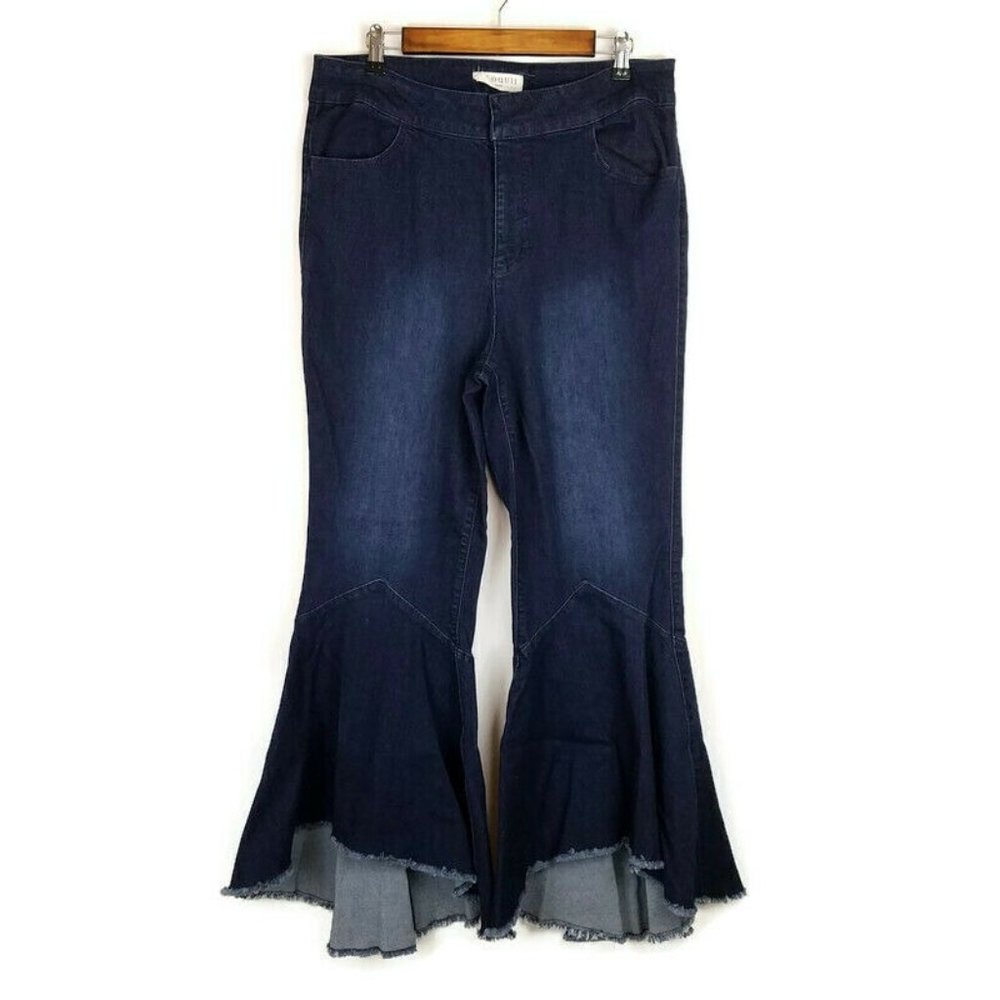 Women's Hippie Boho Dark Blue Bell Flare Jeans